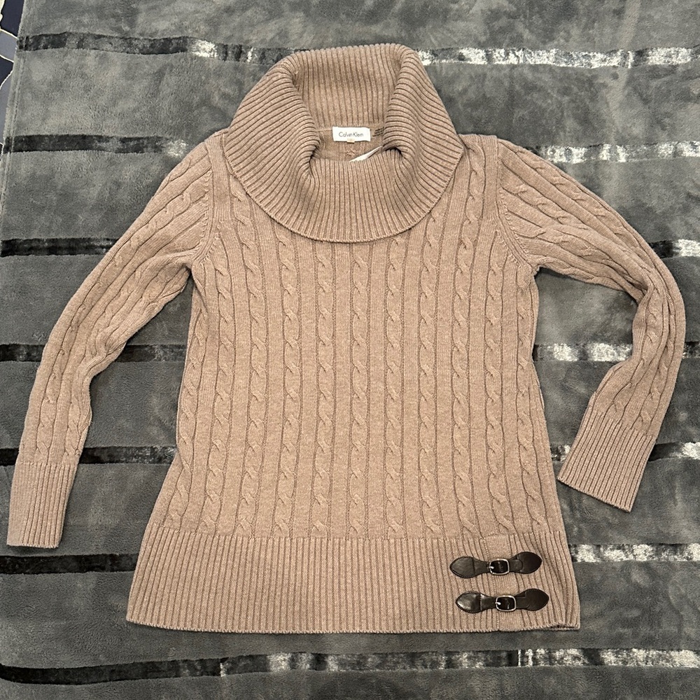 ✨Calvin Klein Cable Knit Sweater Oversized Cowl Neck  Equestrian 🐎Buckle Detail